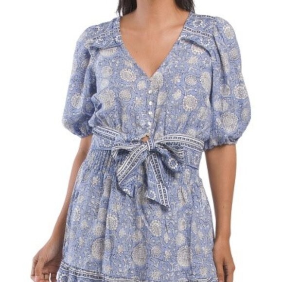 C&C California New Size S Set Blouse Skirt Linen Blend Woven Printed Blue White - Picture 2 of 11